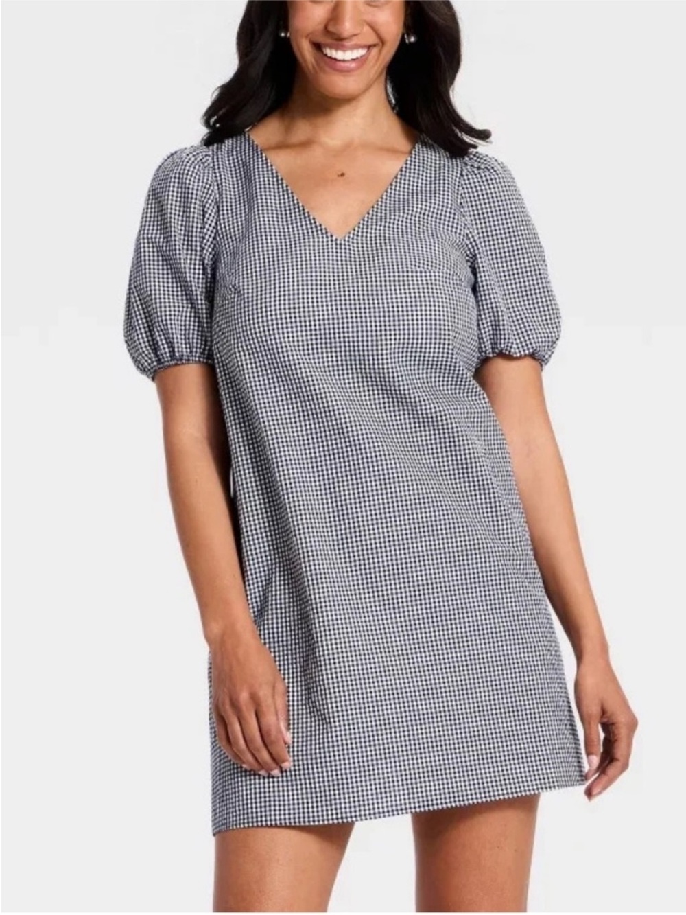 NWT a new day Black & White Gingham V-Neck Puff Sleeve Mini Dress Size Small
